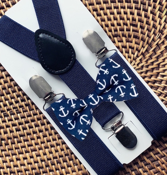 Navy Anchor Bow Tie & Navy Suspenders, Ring Bearer Outfit, Beach Wedding, Mens Suspenders, Mens Bow Ties, Boys Bow Tie, Toddler Bow Tie