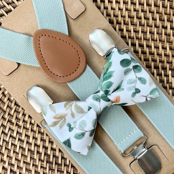 Sage Floral Green Bow Tie & Sage Suspenders, Beach Wedding, Green Bow Tie, Ring Bearer Outfit, Bow Ties, Bow Ties for Men, Boys- Great Gift