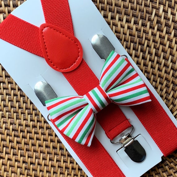 Christmas Bow Tie & Red Suspenders, Red and Green Striped Bow Tie, Boys Bow Tie, Baby Bow Tie, Suspenders, Toddler Bow Tie, Mens Bow Ties