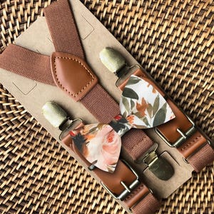 Floral Bow Tie in Burnt Orange Brown Suspenders - Autumn Boho Wedding, Ring Bearer Outfit
