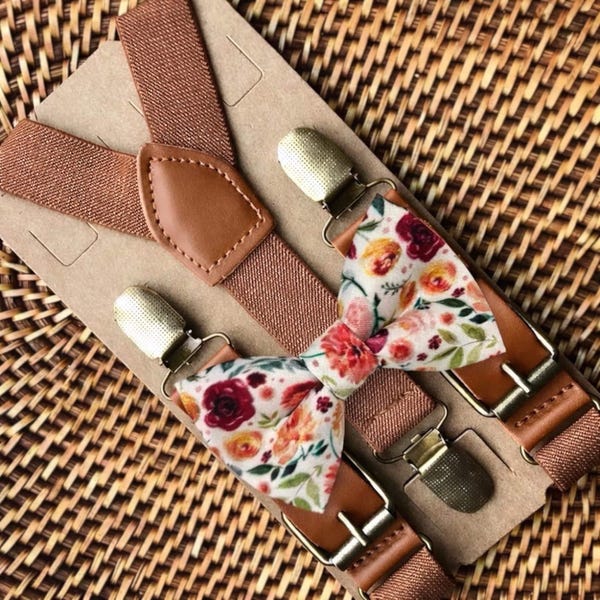 Floral Bow Tie and Cognac Suspenders Set, Garden Wildflower Wedding Accessories