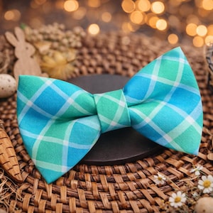 Easter Dog Bow Tie, Blue & Green Plaid, Pet Collar Accessory