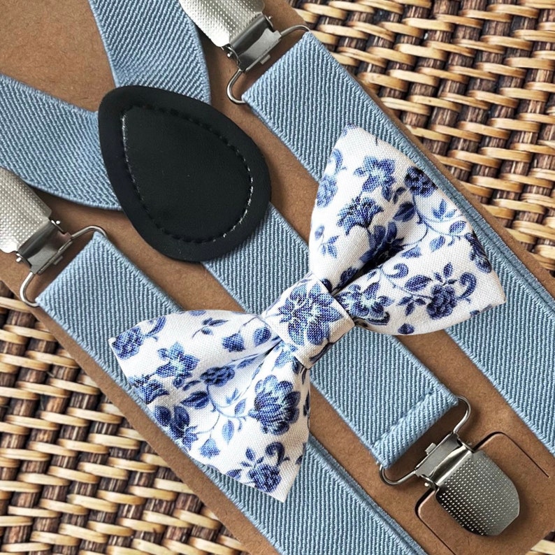 Floral dusty blue bow tie and dusty blue suspenders for wedding.