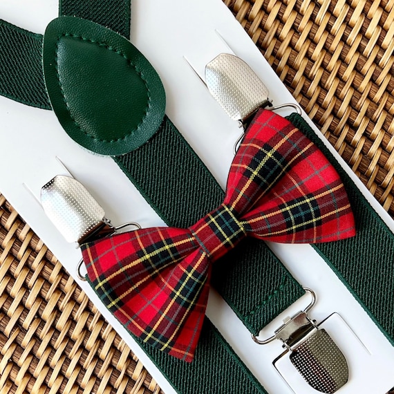 Red Green Christmas Tartan Plaid Bow Tie & Suspenders, First Christmas, Party Gift, Bow Ties, Gift Set, Baby Christmas, Bow Tie for Men