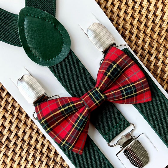 Red Green Christmas Tartan Plaid Bow Tie & Suspenders, First Christmas, Party Gift, Bow Ties, Gift Set, Baby Christmas, Bow Tie for Men