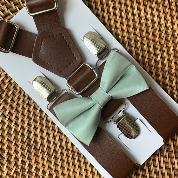 Sage Green Bow Tie & Leather Suspenders, Wedding Suspenders, Dusty Sage Bow Tie, Mens Bow Ties, Ring Bearer Outfit, Boys Bow Tie, ALL SIZES
