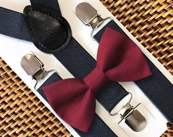 Burgundy Bow Tie & Gray Suspenders, Ring Bearer Outfit, Boho Rustic Wedding, Wine Wedding Bow Ties for Men, Boys, Women, ALL AGES