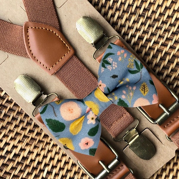 Floral Dusty Blue Bow Tie & Brown Suspenders, Floral Bow Tie, Bow Ties for Men, Boys Bow Tie, Boho Wedding,Ring Bearer Outfit,Rustic Wedding