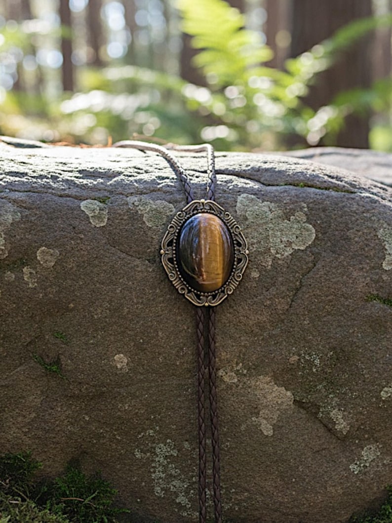 Corbata de bolo con piedra de ojo de tigre: collar de cuero estilo vaquero occidental para padrinos de boda. imagen 5