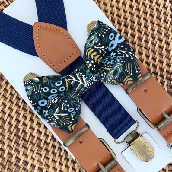 Navy Floral Bow Tie & Navy Suspenders, Navy Bow Tie, Bowtie, Ring Bearer Outfit, Wedding Bow Ties, Boys Bow Tie, Mens Bow Ties