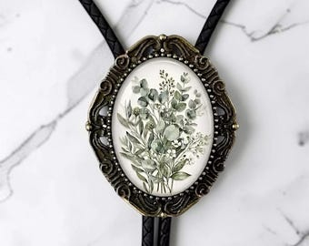 Bolo Tie for Men and Women in Green Sage Floral with Leather Cord