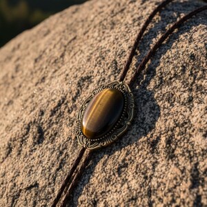 Brown groomsman bolo tie on a rock in the sun.