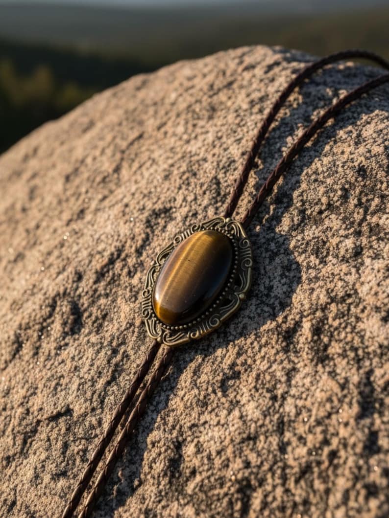 Brown groomsman bolo tie on a rock in the sun.
