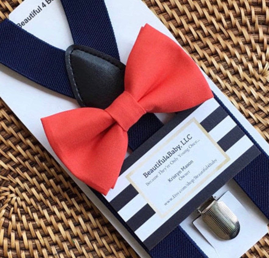 Coral Bow Tie Navy Blue Suspenders Beach Wedding Coral