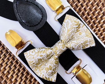 Gold Floral Bow Tie & Black Suspenders — PERFECT for Boho Wedding Bowtie, Ring Bearer Gift, Toddler, Men, Rustic Wedding, Groomsmen