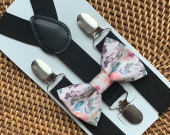 Blush Pink Floral Bow Tie & Black Suspenders, Bow Tie for Men, Kids, Boys, Wedding Suspenders, Ring Bearer Outfit, Groomsmen- ALL SIZES