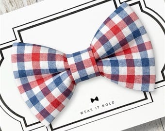 Red White Blue Plaid Dog Bow Tie / USA / Fourth of July Cat Bowtie Gingham
