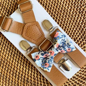 Floral Bow Tie & Leather Suspenders Set, Ring Bearer Outfit, Groomsmen Groom Wedding Bowtie