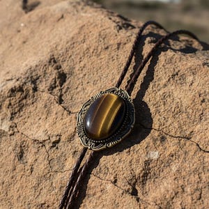 Tiger’s Eye bolo tie draped on a rock.