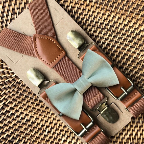 Sage Bow Tie & Brown Suspenders, Sage Green Wedding, Ring Bearer Gift, Boho Wedding, Bow Ties for Men, Ring Bearer Outfit, Sage Bowtie