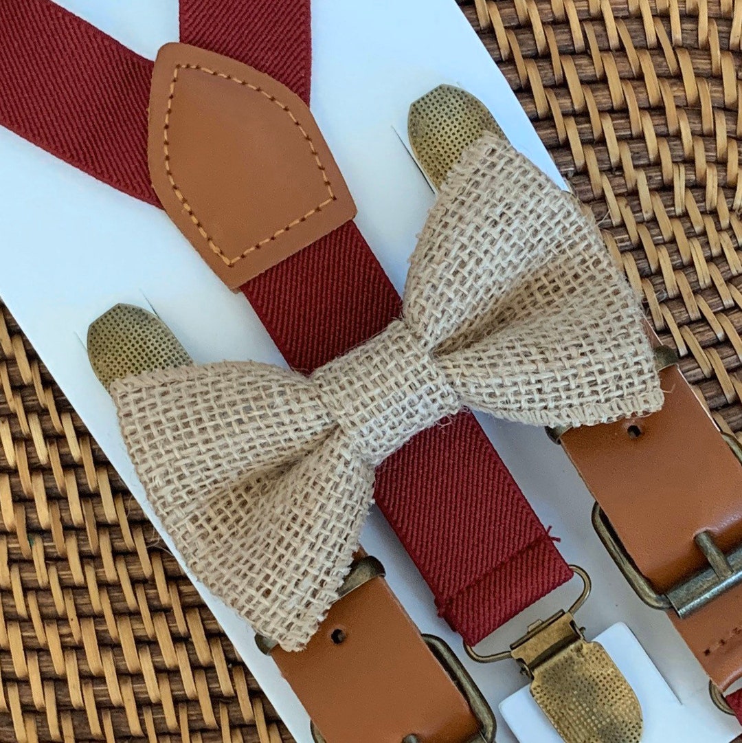 burgundy bow tie and suspenders wedding