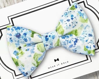 Dusty Blue Floral Dog Bow Tie or Cat Bowtie Wedding Pet Collar Accessory