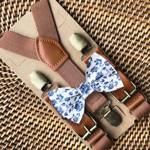 Dusty Blue Bow Tie & Brown Suspenders, Floral Bow Ties for Men, Dusty Blue Wedding, Ring Bearer Outfit, Weddings, Bowtie Groomsmen