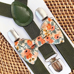 Rifle Paper Co Bow Tie & Olive Suspenders, Rosa, Ring Bearer Outfit, Men, Boys, Toddler, Women Suspenders Men Floral Bow Tie for Men