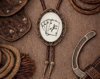 Bolo Tie For Men and Women, Deck Of Cards - Western Vintage | Brown or Black Leather Cord