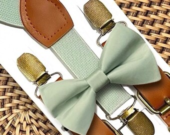 Sage Bow Tie & Sage Suspenders, Sage Green Wedding, Ring Bearer Gift, Boho Wedding, Bow Ties for Men, Ring Bearer Outfit, Sage Bow tie