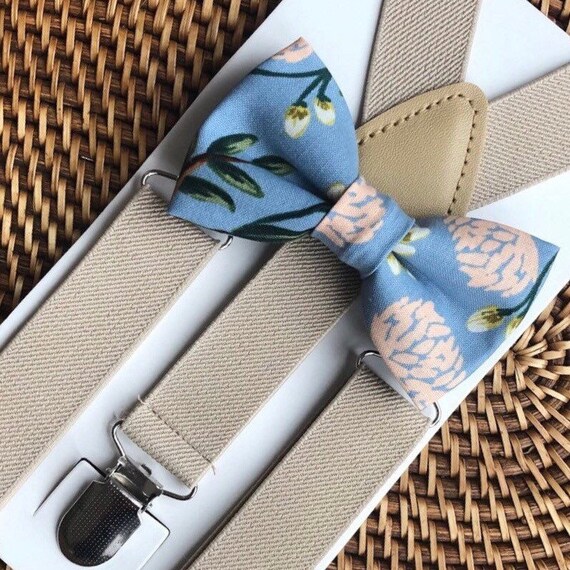 Bow Tie & Suspenders, Dusty Blue Bow Tie, Floral Bow Tie, Khaki Suspenders, Wedding Suspenders, Ring Bearer Outfit, Wedding Suspenders
