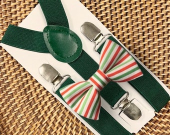 Christmas Bow Tie & Green Suspenders, Red and Green Striped Bow Tie, Boys Bow Tie, Baby Bow Tie, Suspenders, Toddler Bow Tie, Mens Bow Ties