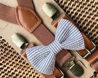 Grey Seersucker Bow Tie & Suspenders for Ring Bearer and Groomsmen Outfits