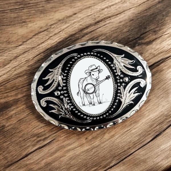 Cowboy Accessory Belt Buckle with Banjo Cow, Western Wear Anniversary Gift