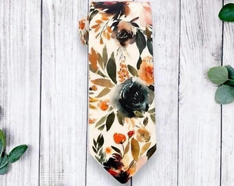 Burnt Orange Floral Men's Tie, Terracotta Boho Wedding Necktie Groomsmen