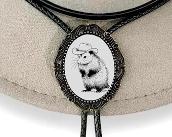Opossum Bolo Tie for Men, Country Western Cowboy Jewelry, Leather Cord, Possum Bolo Tie for Women