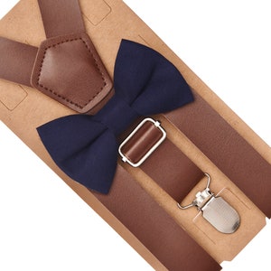 Navy Bow Tie & Leather Suspenders, Leather Suspenders, Wedding Suspenders, Ring Bearer Outfit, Navy Ring Bearer Outfit, Boys Bow Tie