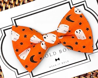 Halloween Ghost Dog Bow Tie, Orange Fall Puppy Collar, Cat Bowtie Pet Lover Gift