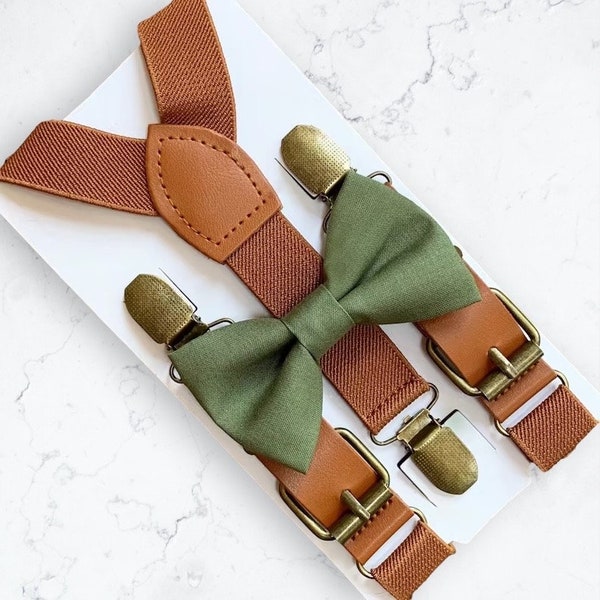 Olive Green Bow Tie & Brown Buckle Suspenders, Ring Bearer Outfit, Boho Wedding, Page Boy Outfit, Bohemian Rustic Wedding, Groomsmen