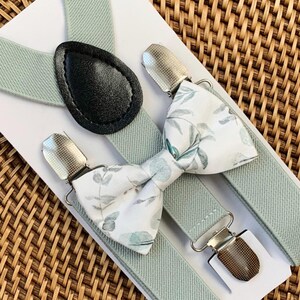 Sage Green Floral Bow Tie and Suspenders Set, Ring Bearer Outfit