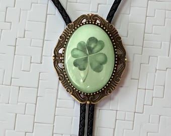 Four Leaf Clover Bolo Tie, St Patricks Day Shamrock Western Jewelry