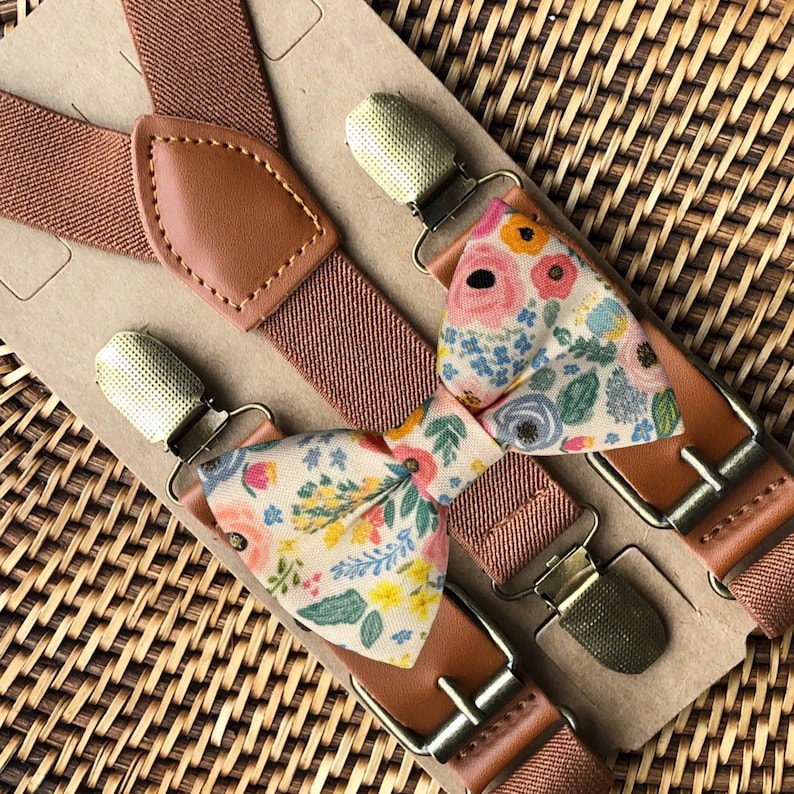 Floral Bow Tie & Brown Suspenders, Boho Wedding, Bow Ties for Men, Boys Bow Tie, Ring Bearer Outfit, Rustic Wedding, Groomsmen, Bowtie image 1