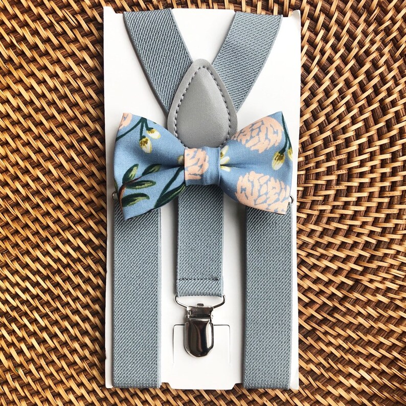 Floral Bow Tie & Gray Suspenders Dusty Blue Bow Tie Beach Etsy