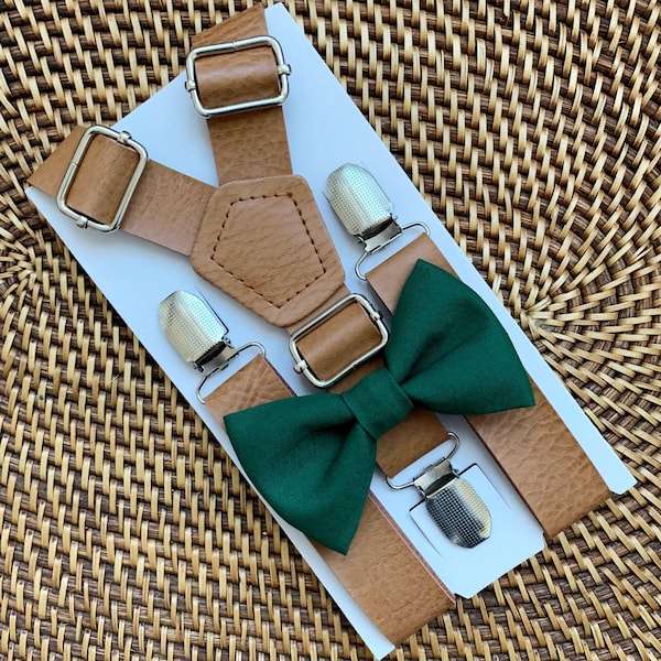 Brown Suspenders with Green Bow Tie for Groomsmen Gift Leather Suspenders and Bowtie Set Faux Leather Suspenders for Men Suspenders for Boys