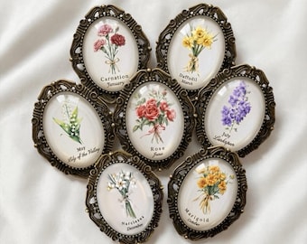 Broszka z motywem kwiatowym z okazji miesiąca urodzin, spersonalizowany prezent urodzinowy dla mamy, przypinka z motywem kwiatowym, biżuteria na zamówienie