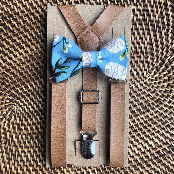 Bow Tie & Suspenders, Dusty Blue Bow Tie, Floral Bow Tie, Leather Suspenders, Wedding Suspenders, Ring Bearer Outfit, Wedding Suspenders
