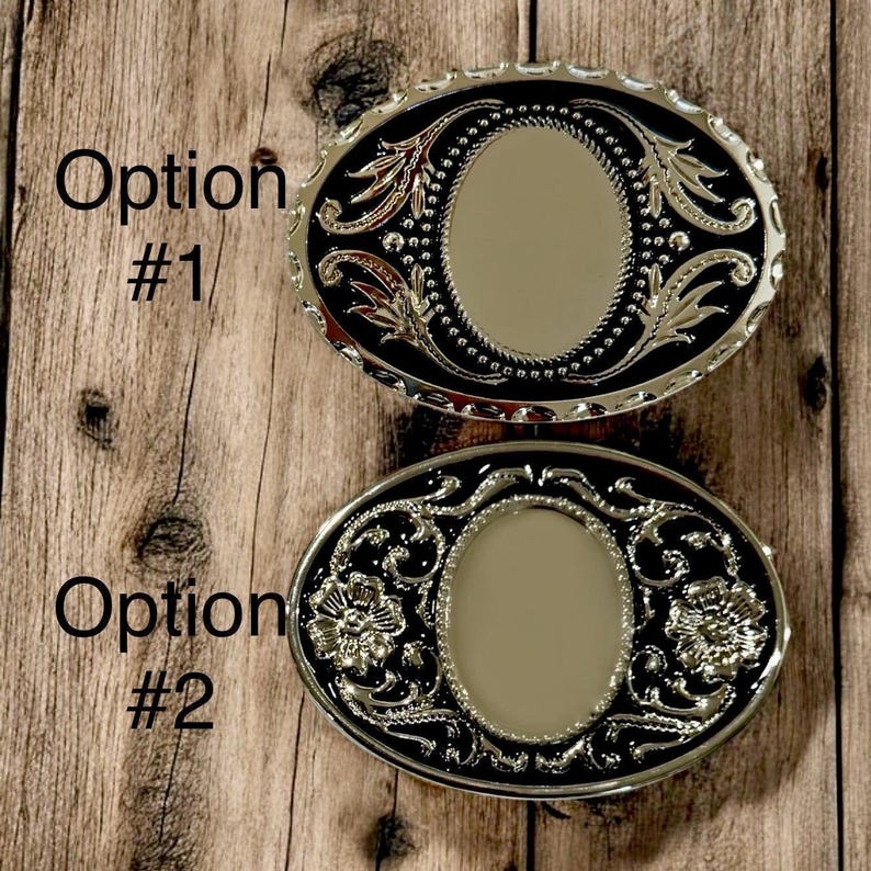 Two options of belt buckles: Option #1 has a leaf design and Option #2 has a floral design. Both are silver and black from The Bold Bow Tie.