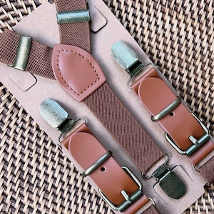 Bruine bretels voor bruidsjonkers, vegan leren herenbretels met gespen, peuterbretels, outfit voor ringdrager, bretels bruiloft jongens,