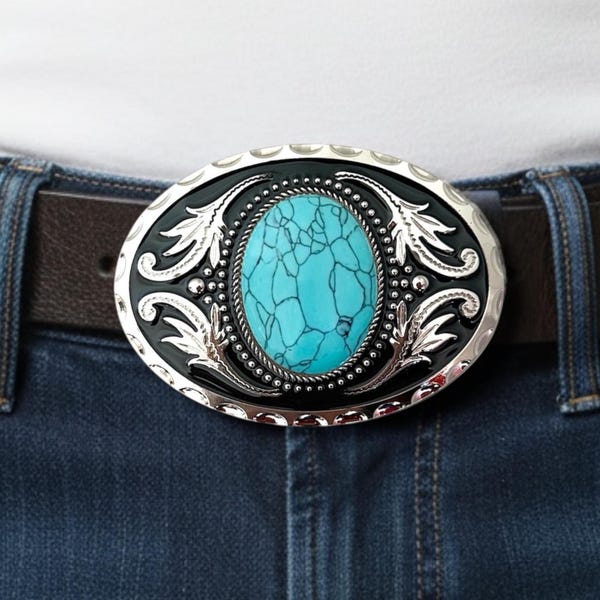 Western Turquoise Belt Buckle – Cowboy Rodeo Silver Buckle, Rustic Country Western Wear, Gemstone Buckle Gift for Men