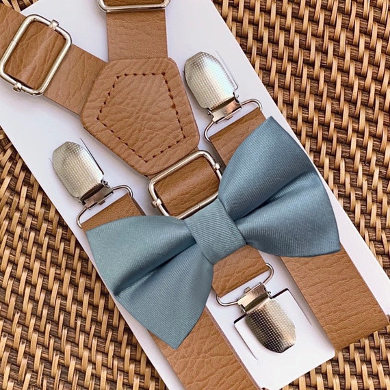 Dusty Blue Bow Tie & Leather Suspenders, Wedding Suspenders, Dusty Blue Bow Tie, Mens Bow Ties, Ring Bearer Outfit, Boys Bow Tie, ALL SIZES